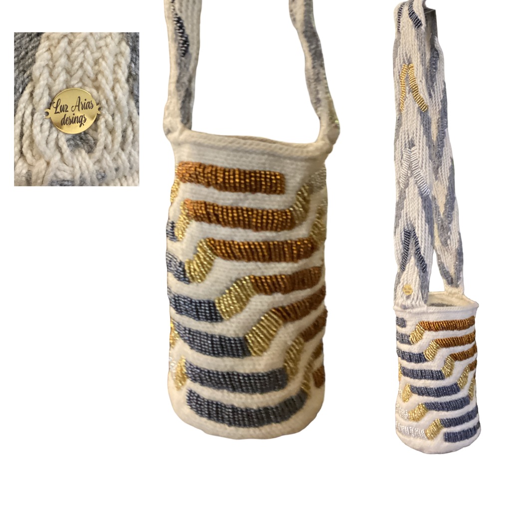 Luz Arias Wool Woven Beaded Bucket Bag - Soft White, Gold, Blue & Silver